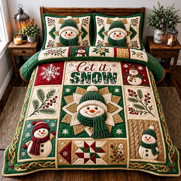 Jolly Snowman Magic quilted 3-piece bedding set on a made bed in a winter-styled bedroom