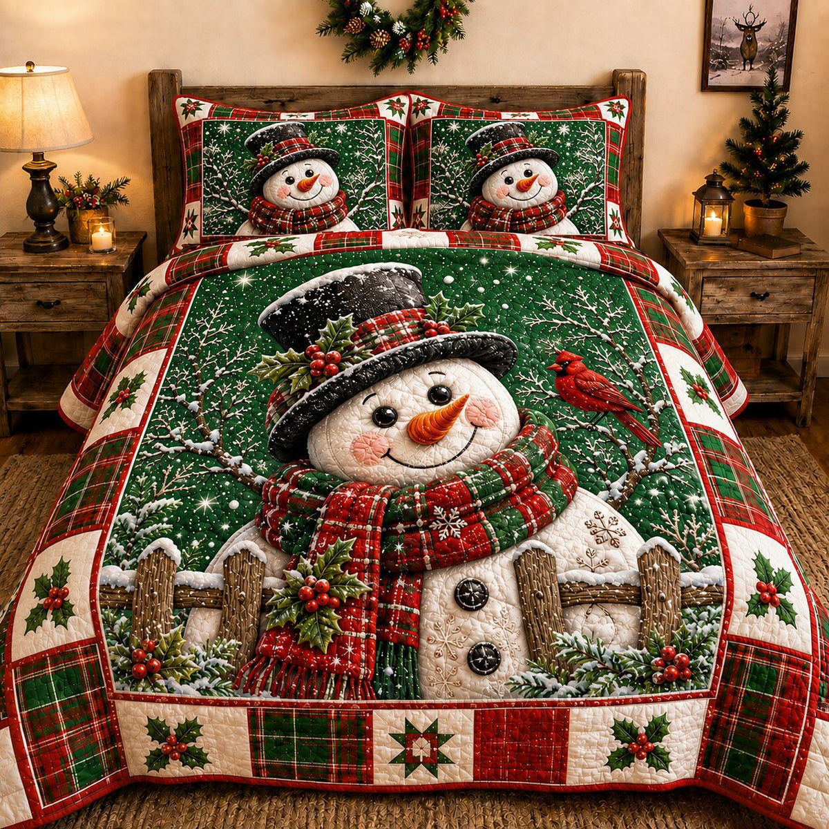 Jolly Snowman quilted 3-piece bedding set on a made bed in a winter-styled bedroom