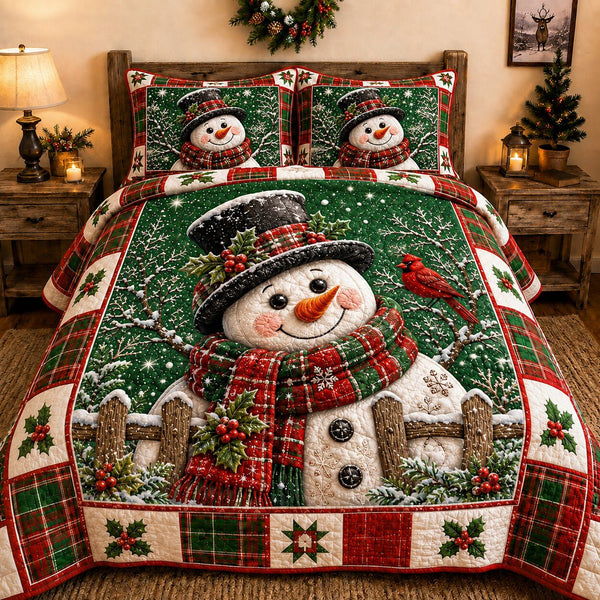 Jolly Snowman quilted 3-piece bedding set on a made bed in a winter-styled bedroom