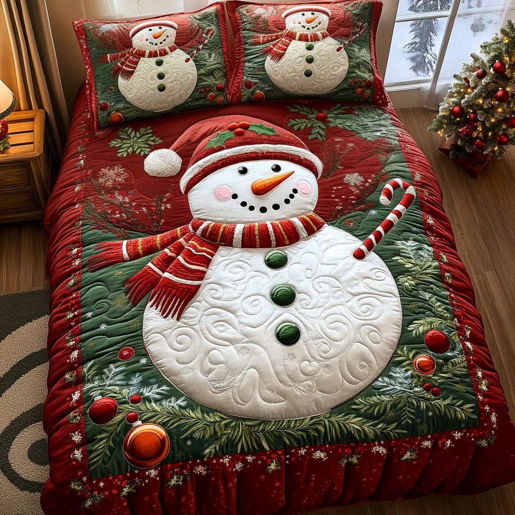 Jolly Snowman quilted 3-piece bedding set on a made bed in a winter-styled bedroom