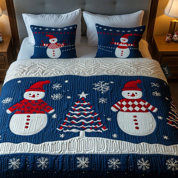 Jolly Snowman quilted 3-piece bedding set on a made bed in a winter-styled bedroom