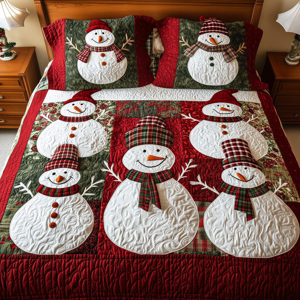 Jolly Snowman quilted 3-piece bedding set on a made bed in a winter-styled bedroom