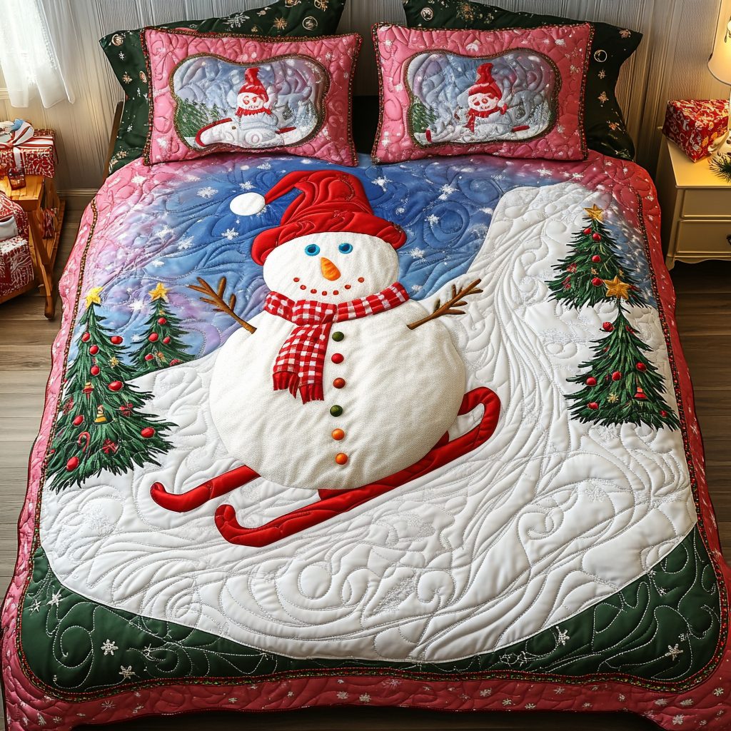 Jolly Snowman quilted 3-piece bedding set on a made bed in a winter-styled bedroom
