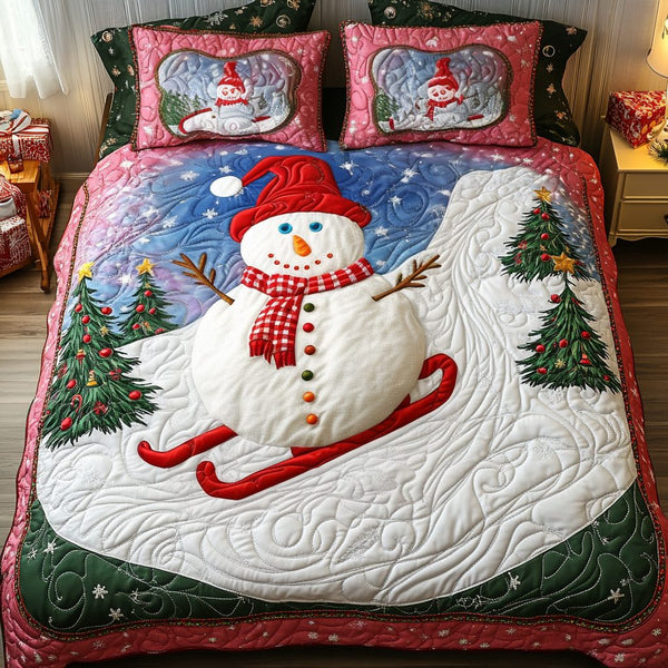 Jolly Snowman quilted 3-piece bedding set on a made bed in a winter-styled bedroom