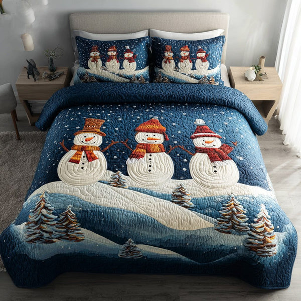 Jolly Snowman Trio quilted 3-piece bedding set on a made bed in a winter-styled bedroom