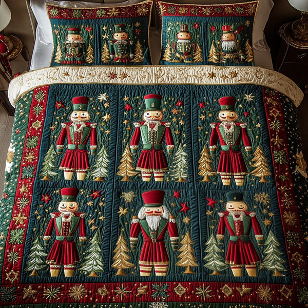 Jolly Soldiers quilted 3-piece bedding set on a made bed in a warmly lit bedroom