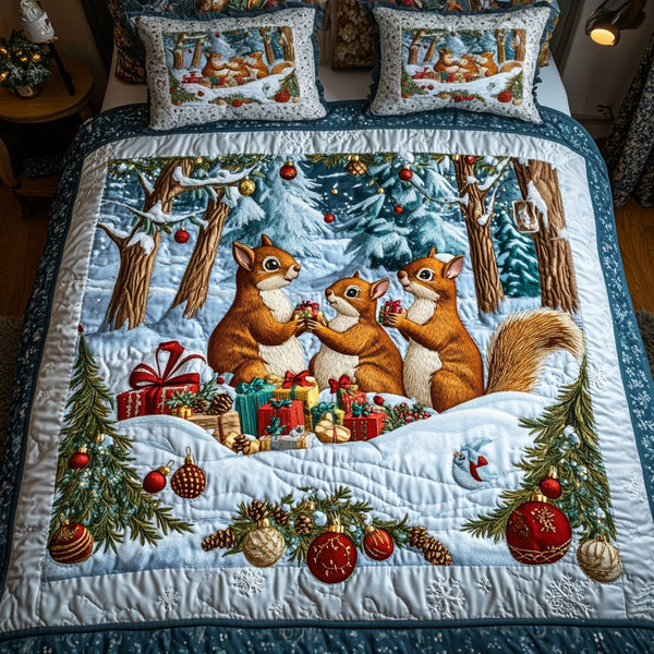 Jolly Squirrel quilted 3-piece bedding set on a made bed with two matching pillow shams