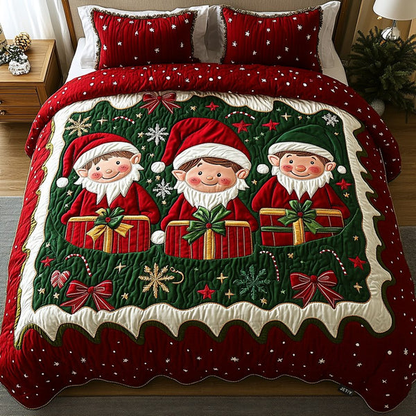 Jolly Tree Trimmers quilted 3-piece bedding set on a made bed with two matching pillow shams