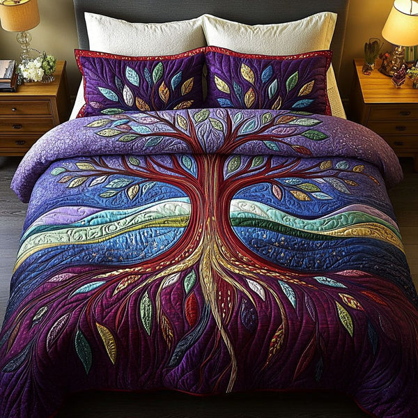 Journey of Life quilted 3-piece bedding set on a made bed with two matching pillow shams