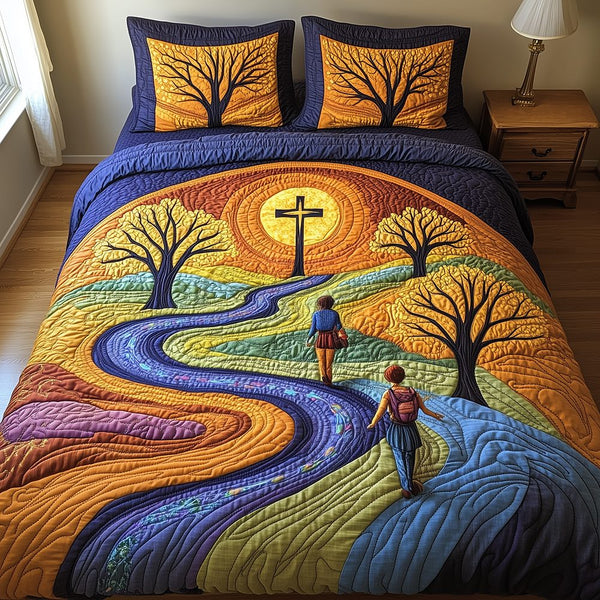 Journey to Bless quilted 3-piece bedding set on a made bed with two matching pillow shams