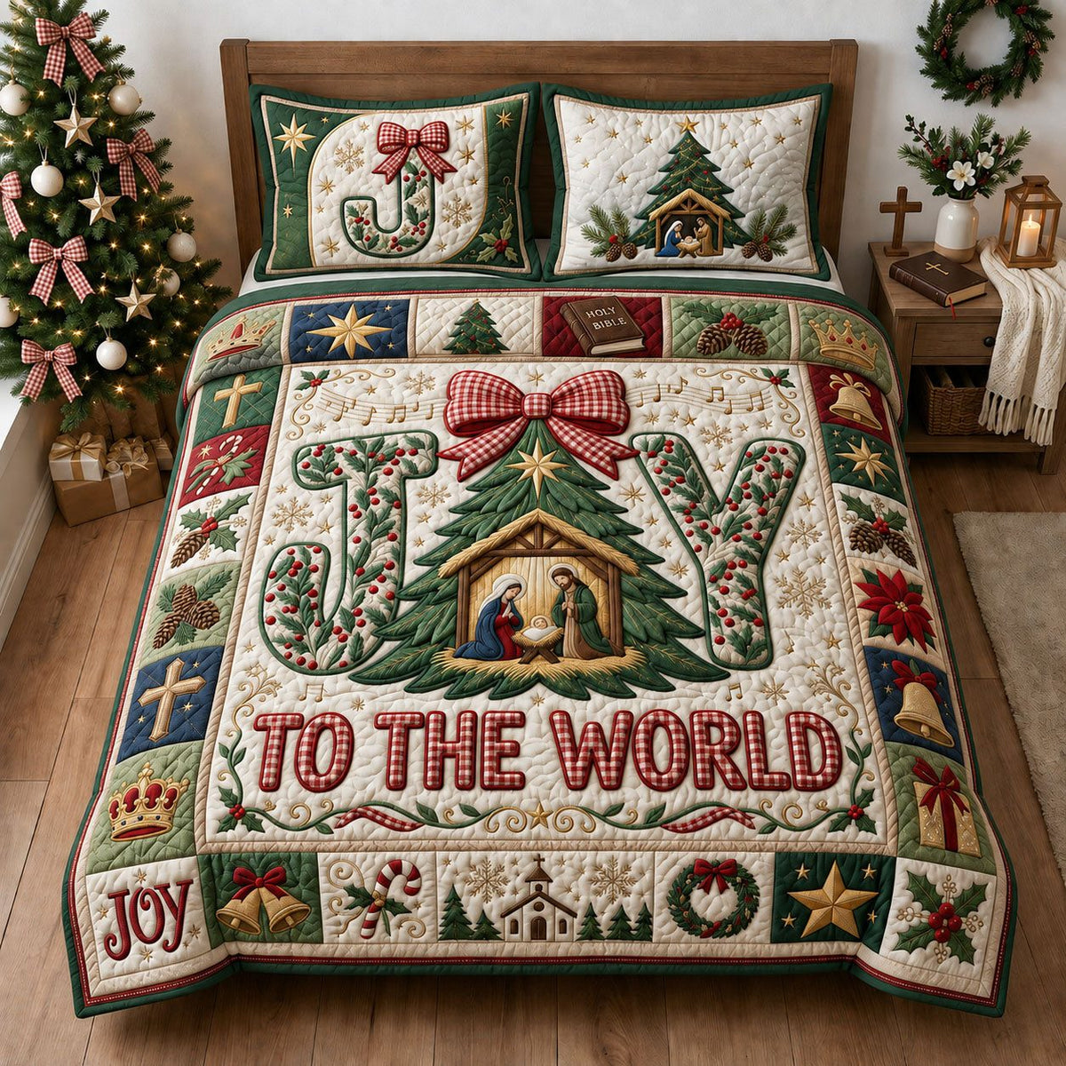 Joy to the World quilted 3-piece bedding set on a made bed with two matching pillow shams