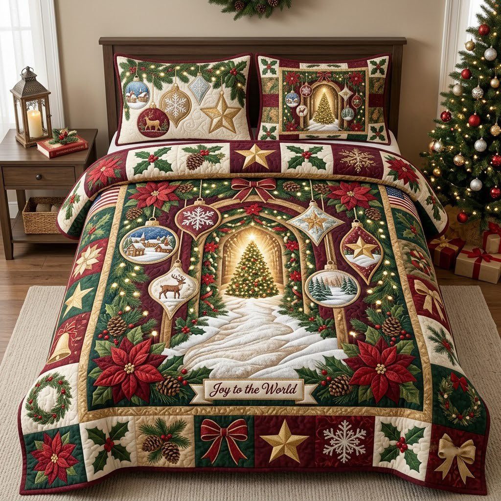 Joy to the World quilted 3-piece bedding set on a made bed with two matching pillow shams