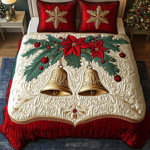 Joyful Bells quilted 3-piece bedding set on a made bed with two matching pillow shams