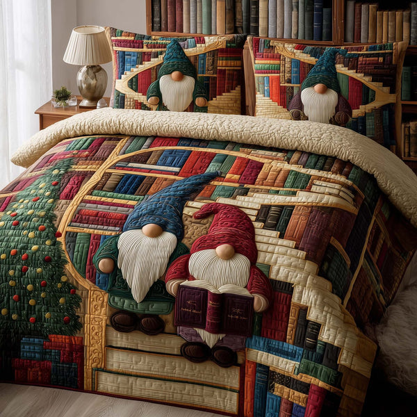 Joyful Christmas Gnomes quilted 3-piece bedding set on a made bed in a winter-styled bedroom