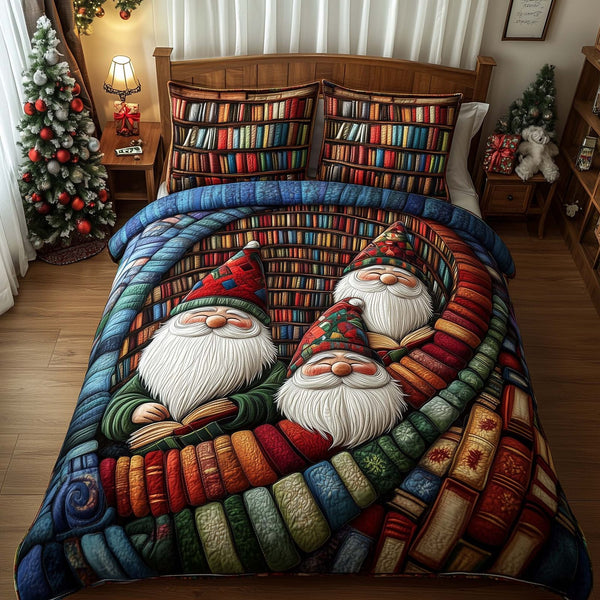 Joyful Christmas Gnomes quilted 3-piece bedding set on a made bed in a winter-styled bedroom
