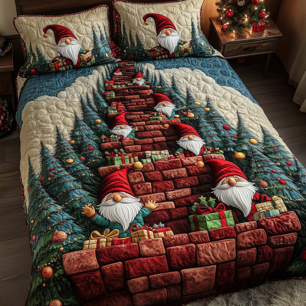 Joyful Christmas Gnomes quilted 3-piece bedding set on a made bed in a winter-styled bedroom