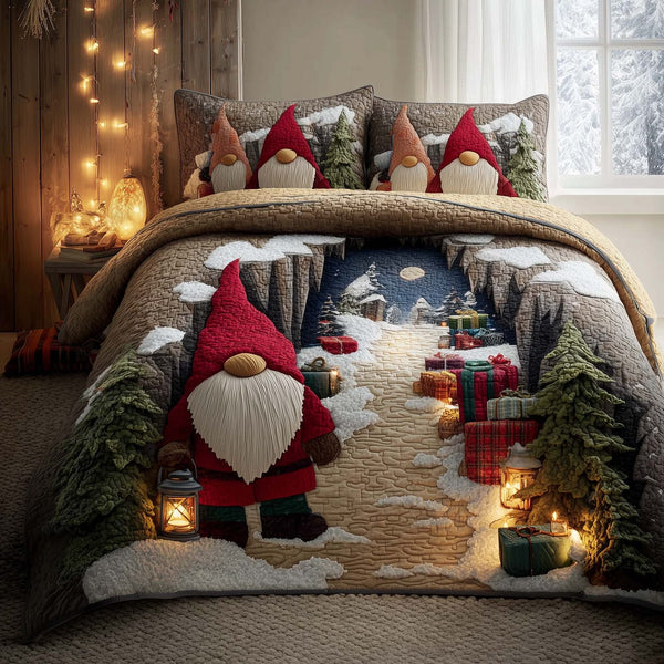 Joyful Christmas Gnomes quilted 3-piece bedding set on a made bed in a winter-styled bedroom
