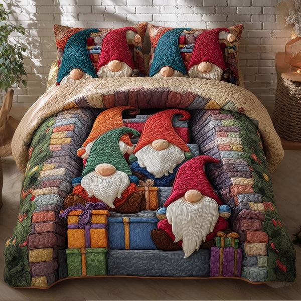 Joyful Christmas Gnomes quilted 3-piece bedding set on a made bed in a winter-styled bedroom
