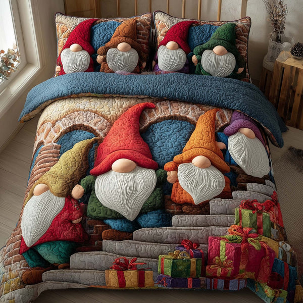 Joyful Christmas Gnomes quilted 3-piece bedding set on a made bed in a winter-styled bedroom