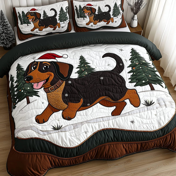 Joyful Dachshund quilted 3-piece bedding set on a made bed with two matching pillow shams