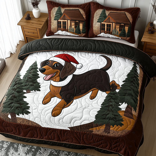 Joyful Dachshund quilted 3-piece bedding set on a made bed with two matching pillow shams