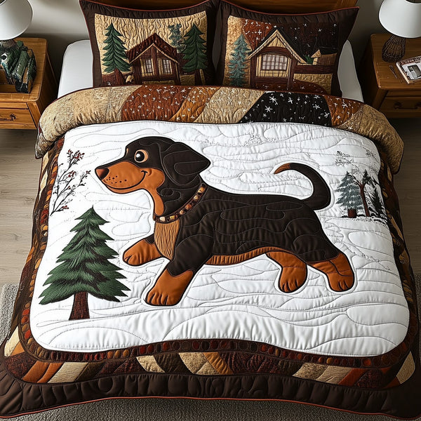 Joyful Dachshund quilted 3-piece bedding set on a made bed with two matching pillow shams