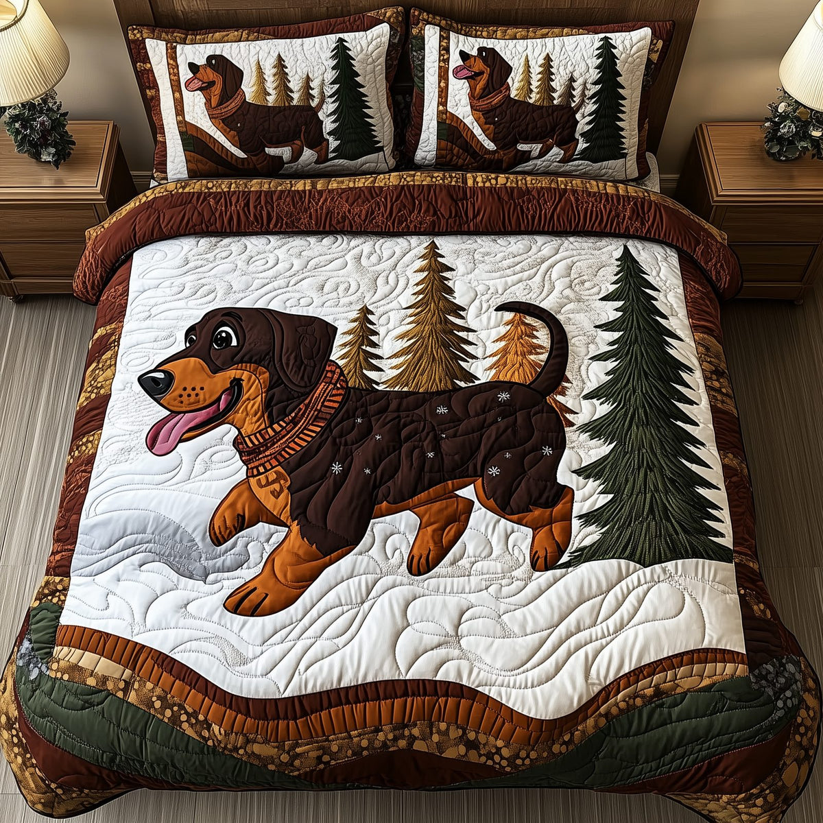 Joyful Dachshund quilted 3-piece bedding set on a made bed with two matching pillow shams
