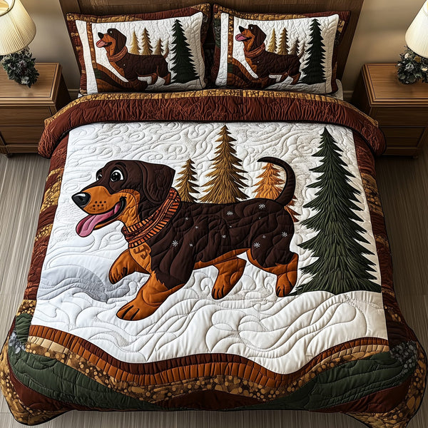 Joyful Dachshund quilted 3-piece bedding set on a made bed with two matching pillow shams
