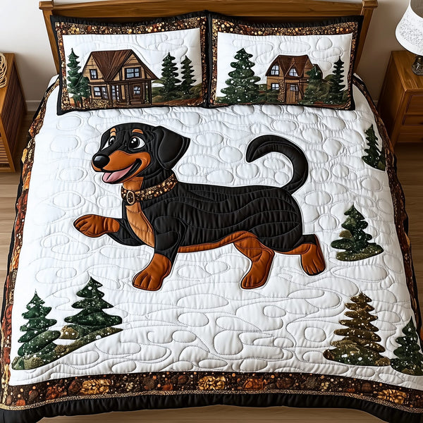 Joyful Dachshund quilted 3-piece bedding set on a made bed with two matching pillow shams