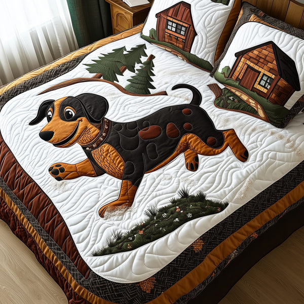 Joyful Dachshund quilted 3-piece bedding set on a made bed with two matching pillow shams