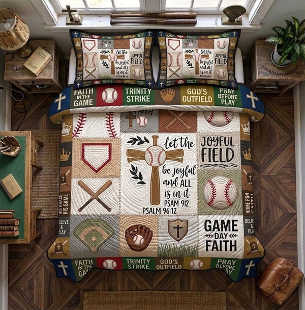 Joyful Field Psalm 96 12 Baseball quilted 3-piece bedding set on a made bed in a softly lit bedroom