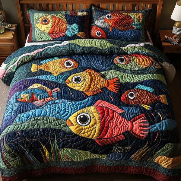 Joyful Fishing quilted 3-piece bedding set on a made bed with two matching pillow shams