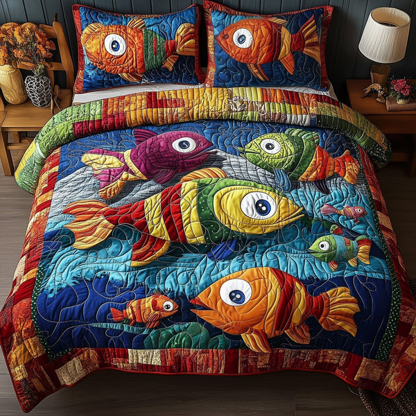 Joyful Fishing quilted 3-piece bedding set on a made bed with two matching pillow shams