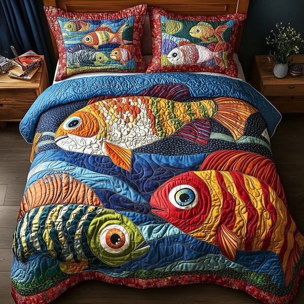 Joyful Fishing quilted 3-piece bedding set on a made bed with two matching pillow shams