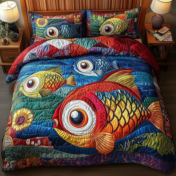 Joyful Fishing quilted 3-piece bedding set on a made bed with two matching pillow shams