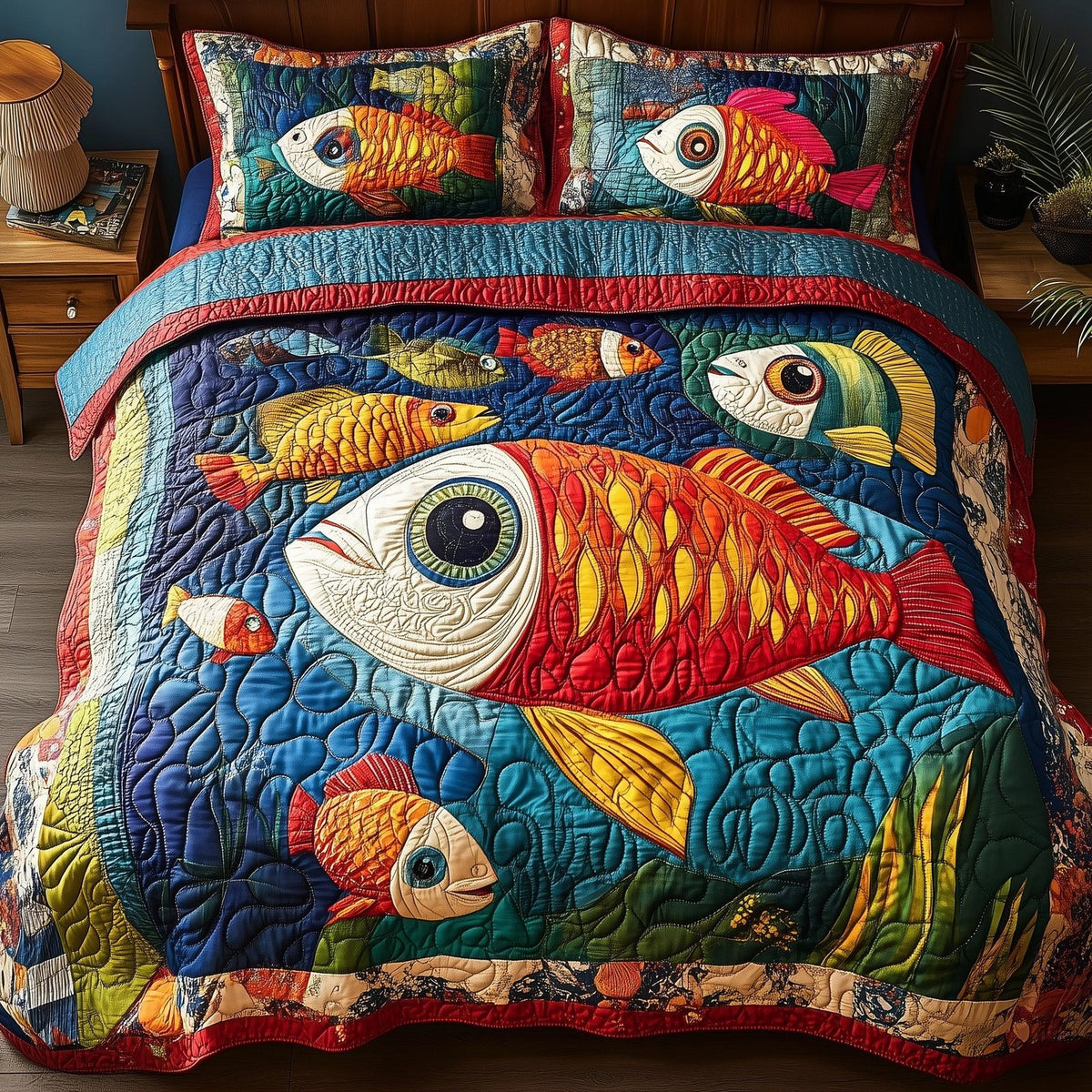 Joyful Fishing quilted 3-piece bedding set on a made bed with two matching pillow shams