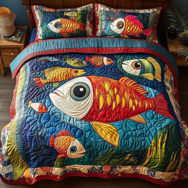 Joyful Fishing quilted 3-piece bedding set on a made bed with two matching pillow shams