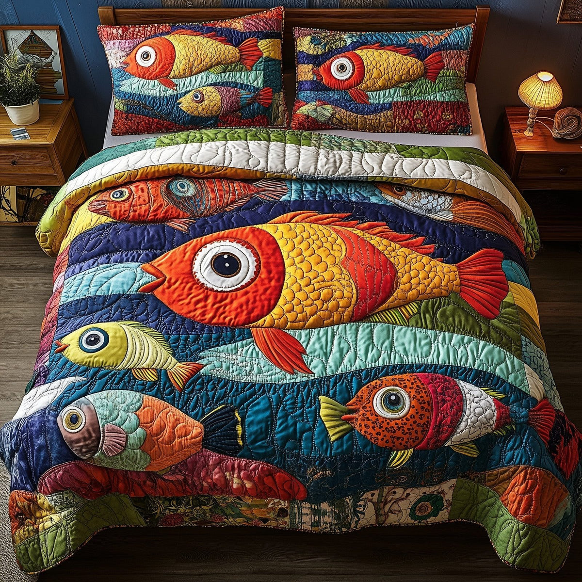 Joyful Fishing quilted 3-piece bedding set on a made bed with two matching pillow shams