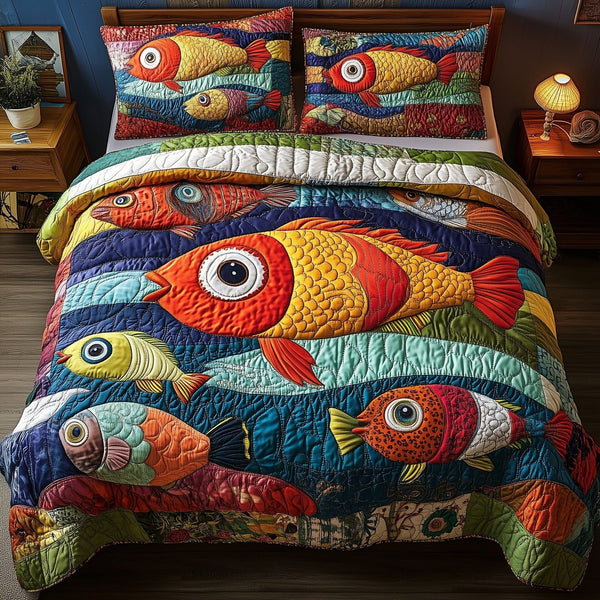 Joyful Fishing quilted 3-piece bedding set on a made bed with two matching pillow shams