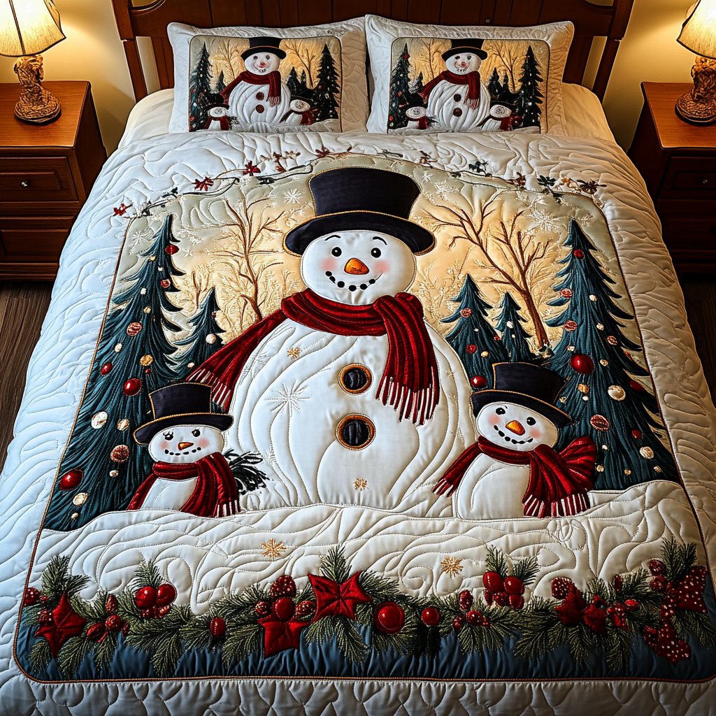 Joyful Frost quilted 3-piece bedding set on a made bed in a winter-styled bedroom