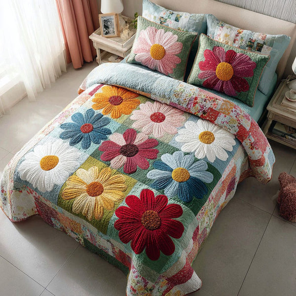 Joyful Garden quilted 3-piece bedding set on a made bed with two matching pillow shams