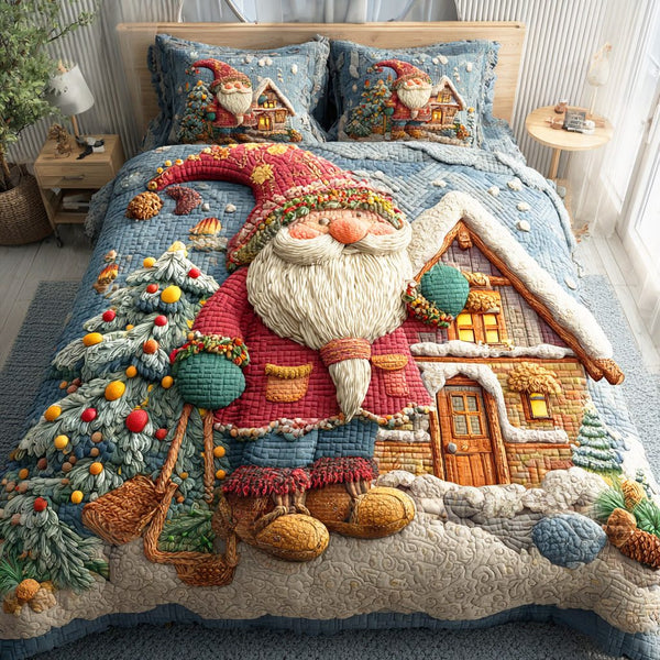 Joyful Gnome Garden quilted 3-piece bedding set on a made bed in a winter-styled bedroom