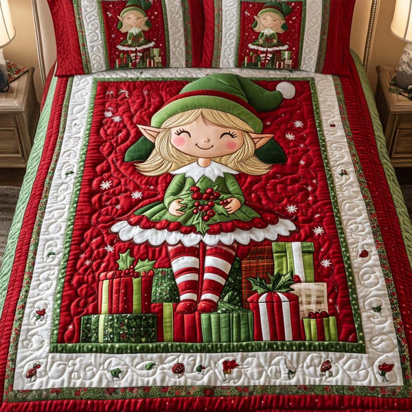 Joyful Helper quilted 3-piece bedding set on a made bed with two matching pillow shams