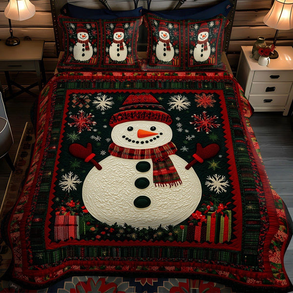 Joyful Holiday Pines quilted 3-piece bedding set on a made bed in a winter-styled bedroom