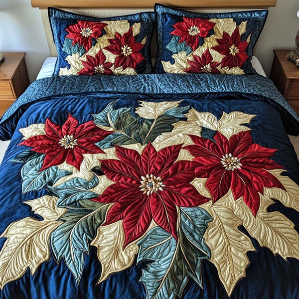 Joyful Petals quilted 3-piece bedding set on a made bed with two matching pillow shams