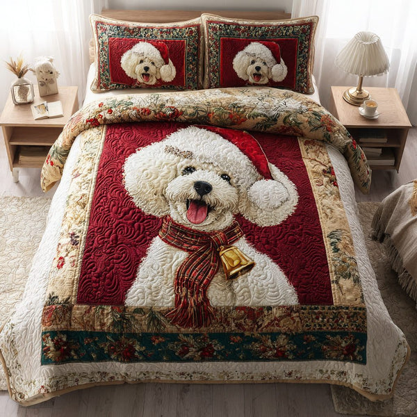 Joyful Poodle quilted 3-piece bedding set on a made bed with two matching pillow shams