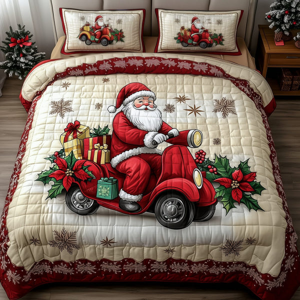 Joyful Santa Claus quilted 3-piece bedding set on a made bed in a winter-styled bedroom