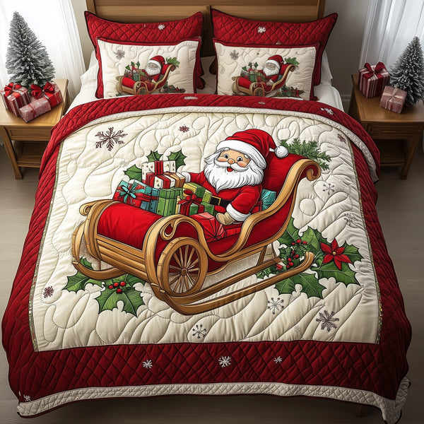 Joyful Santa Claus quilted 3-piece bedding set on a made bed in a winter-styled bedroom