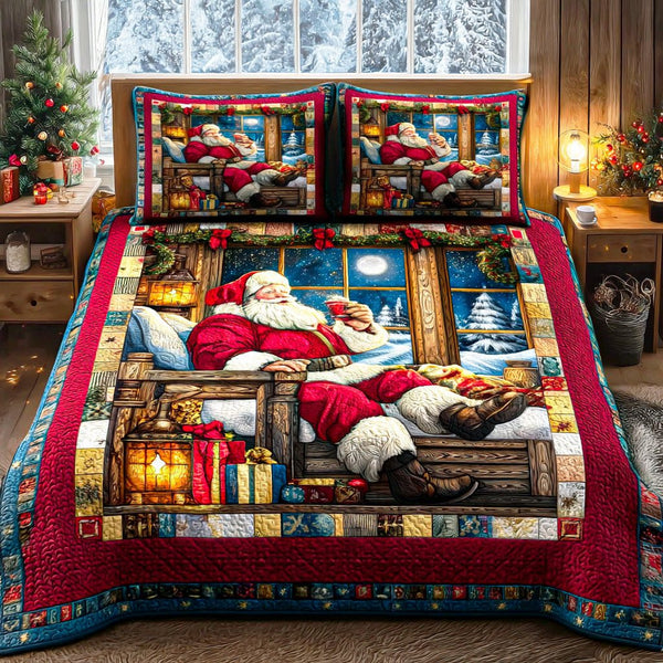 Joyful Santa Ride quilted 3-piece bedding set on a made bed in a winter-styled bedroom