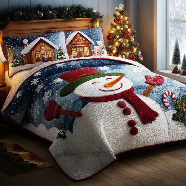 Joyful Smile quilted 3-piece bedding set on a made bed with two matching pillow shams